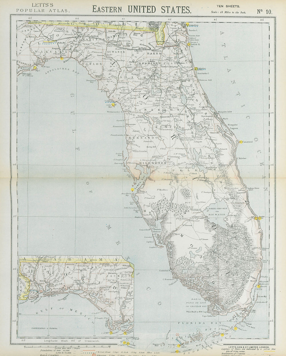 FLORIDA railroads lighthouses forts. Miami Tampa Fort Lauderdale. LETTS 1883 map