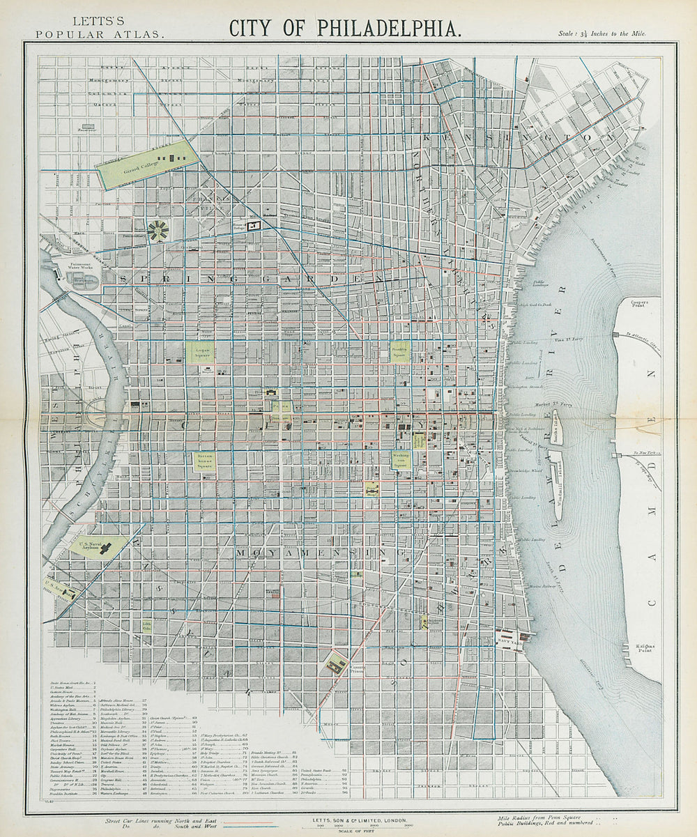 PHILADELPHIA antique town city map plan. Streetcar lines. LETTS 1883 old