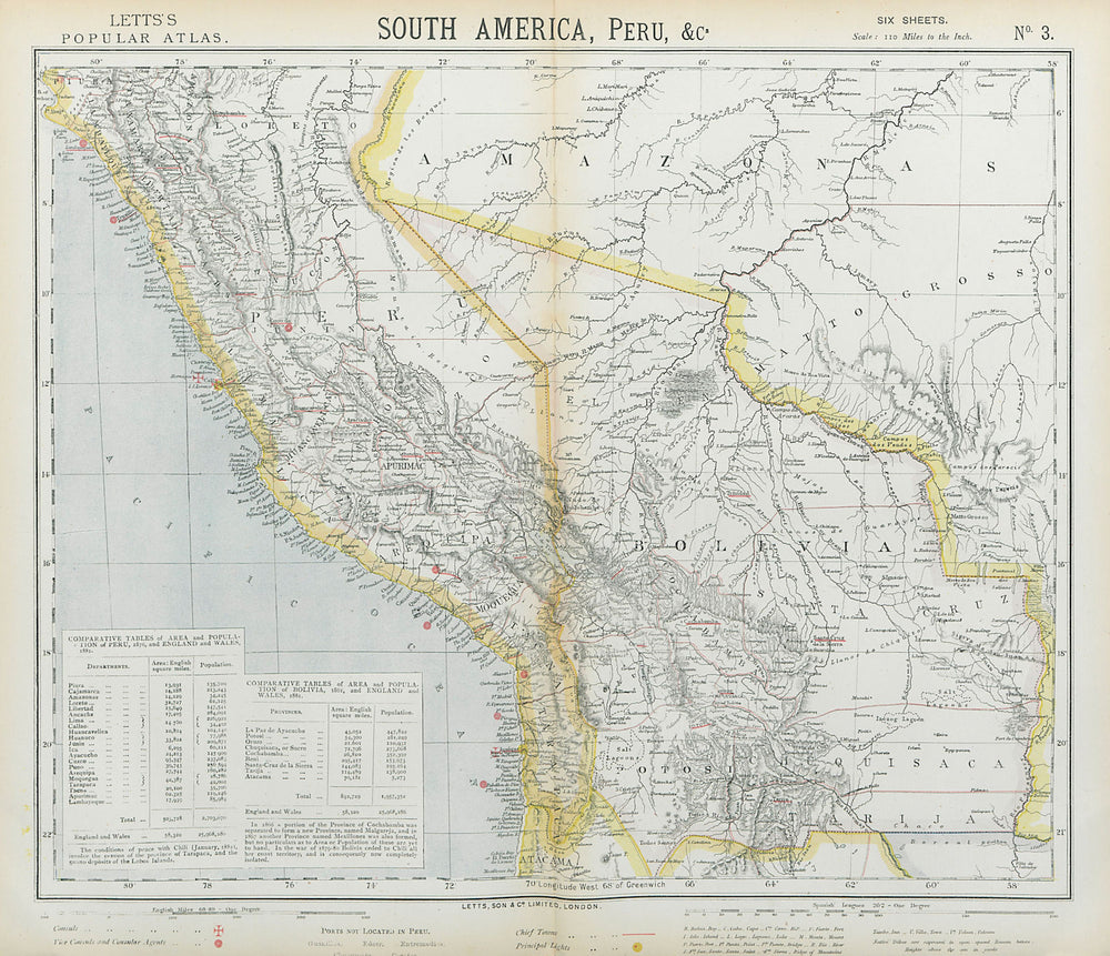 BOLIVIA & PERU Amazonas Chile. Lighthouses British Consuls. LETTS 1883 old map