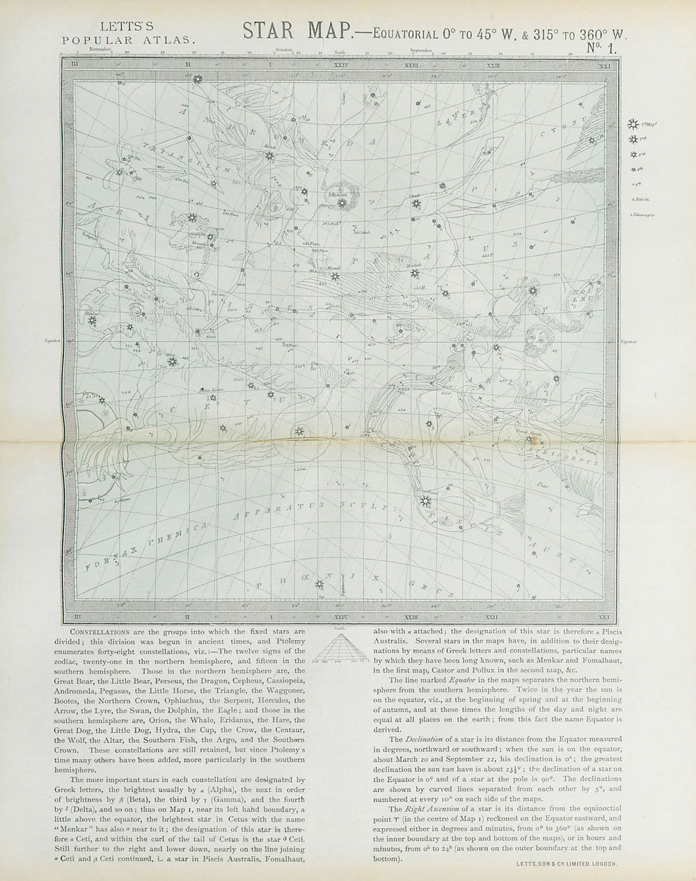 ASTRONOMY CELESTIAL Star map chart signs Spring Aries Aquarius Pisces LETTS 1883