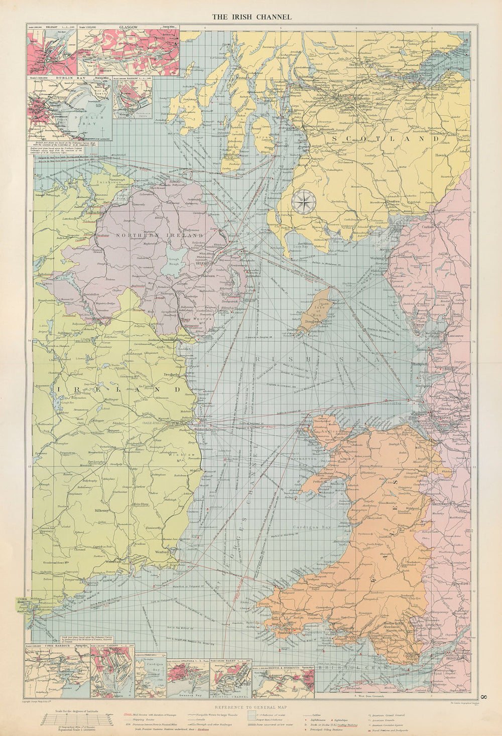 Irish Sea sea chart. Ports lighthouses mail routes dockyards. LARGE 1952 map