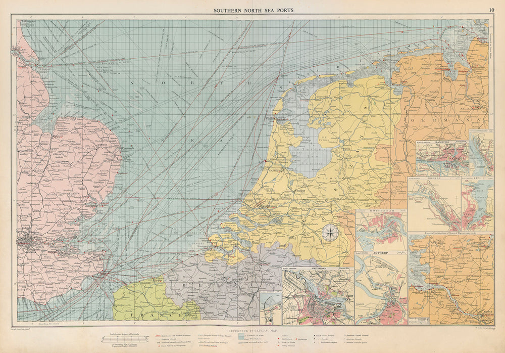Southern North Sea ports chart. lighthouses mail routes. UK NL. LARGE 1952 map