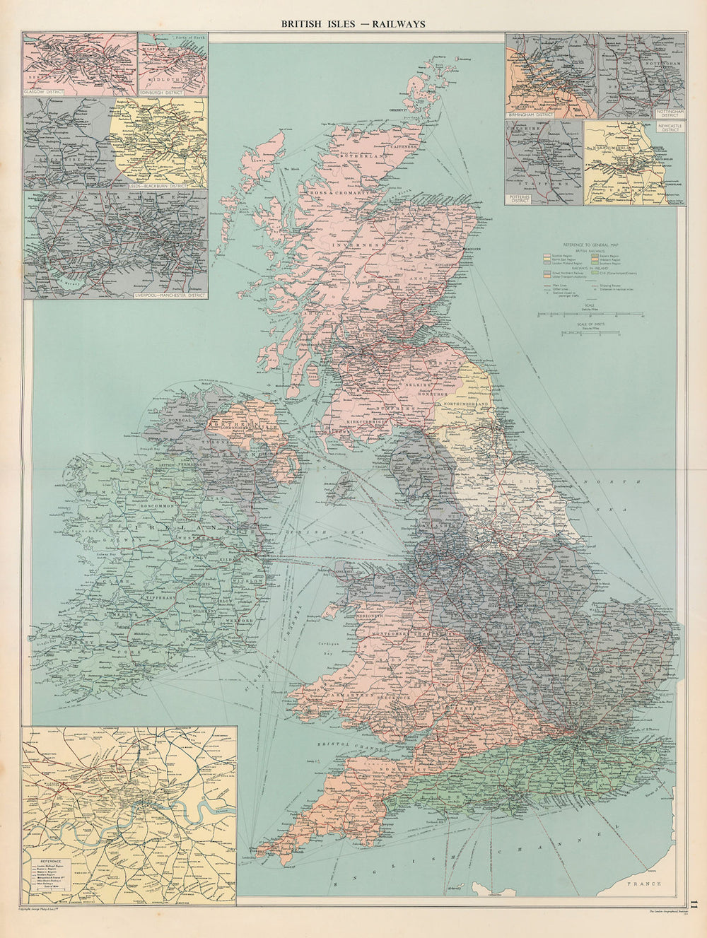 British Isles Railways companies regions. Ireland. British Rail. LARGE 1952 map