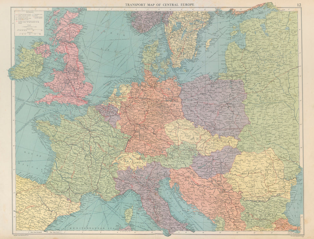 Transport Map of Central Europe. Railways mail routes. LARGE 1952 old