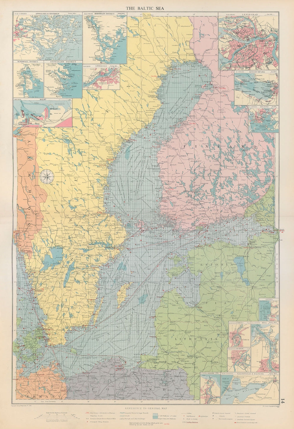 Baltic Sea sea chart. Ports lighthouses mail routes dockyards. LARGE 1952 map