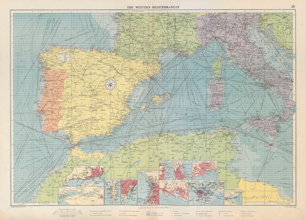 Western Mediterranean sea chart. Ports lighthouses mail routes. LARGE 1952 map