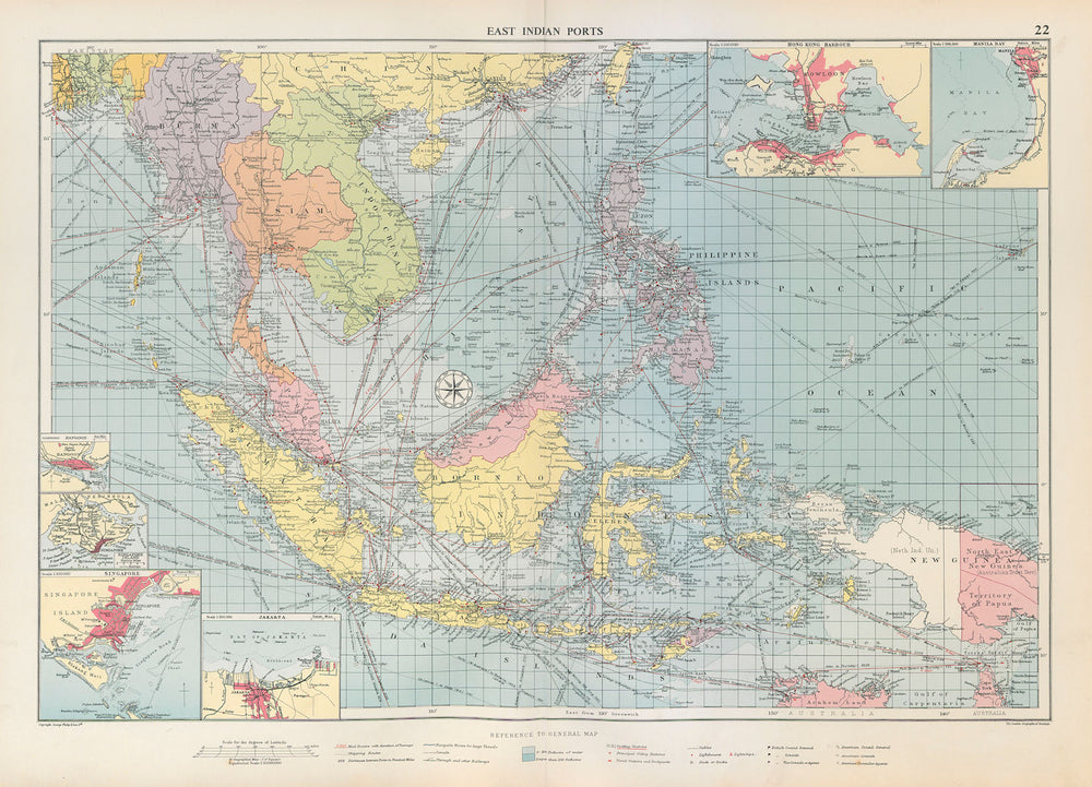 East Indies Ports sea chart. lighthouses mail routes. Indochina. LARGE 1952 map