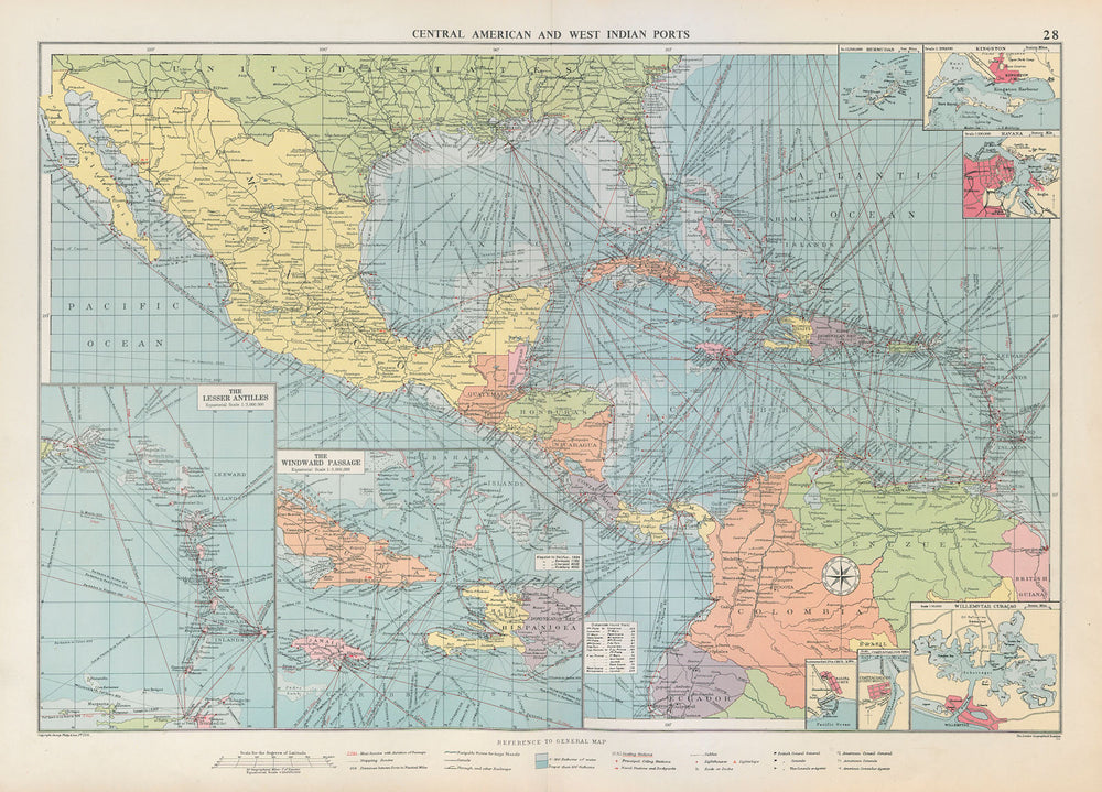 Central America Caribbean Gulf of Mexico chart Ports lighthouses LARGE 1952 map