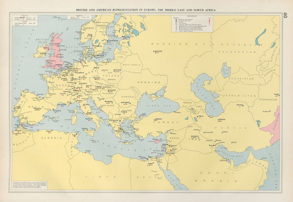British & American Diplomatic Representation Europe Middle East Maghreb 1952 map