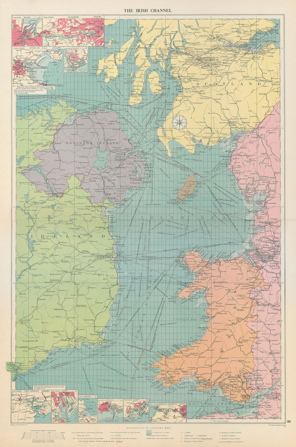 Irish Sea sea chart. Ports lighthouses mail routes dockyards. LARGE 1959 map