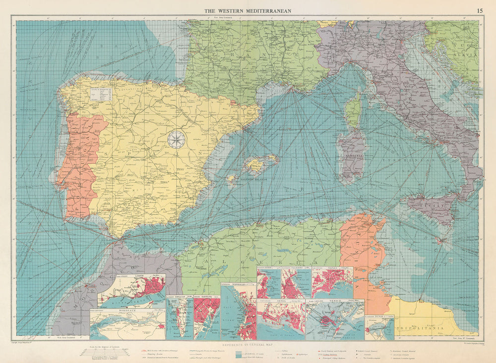 Western Mediterranean sea chart. Ports lighthouses mail routes. LARGE 1959 map