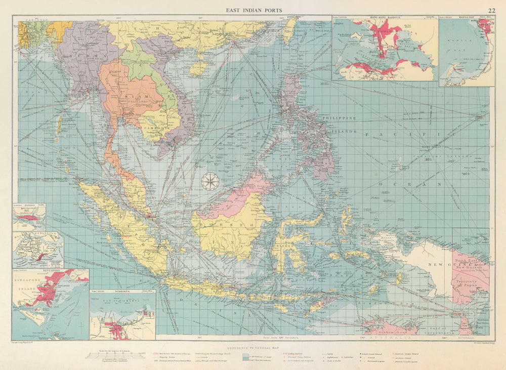 East Indies Ports sea chart. lighthouses mail routes. Indochina. LARGE 1959 map