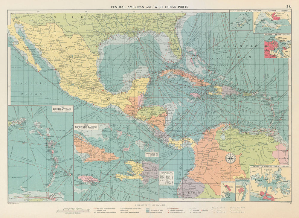 Central America Caribbean Gulf of Mexico chart Ports lighthouses LARGE 1959 map