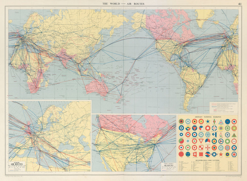 World Europe North America air routes. National Aircraft Markings LARGE 1959 map