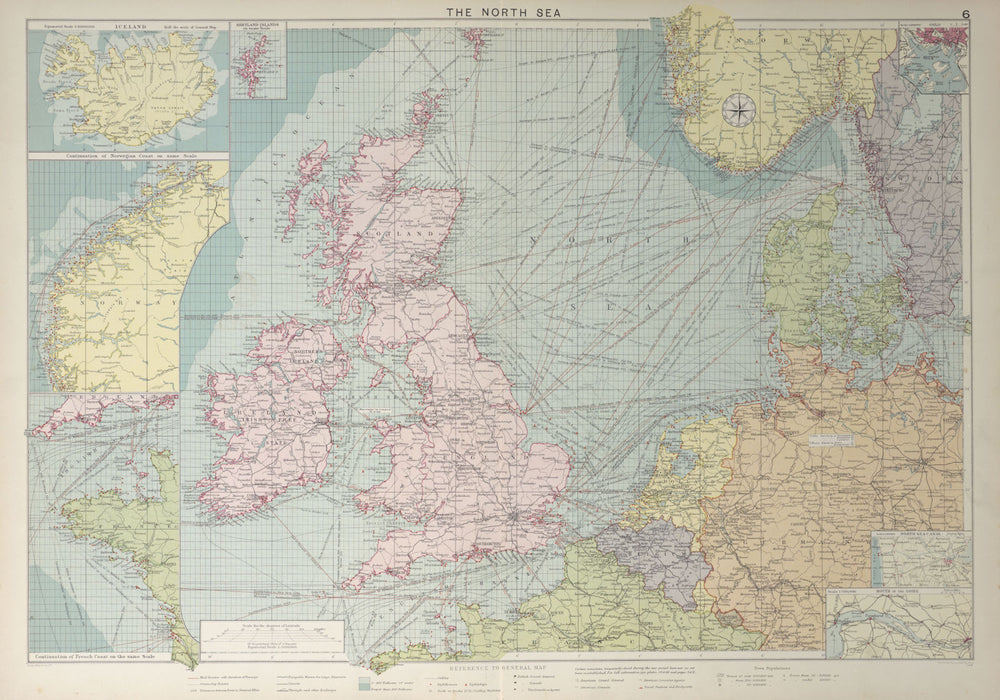 North Sea sea chart. Ports lighthouses mail routes. UK Norway &c LARGE 1927 map