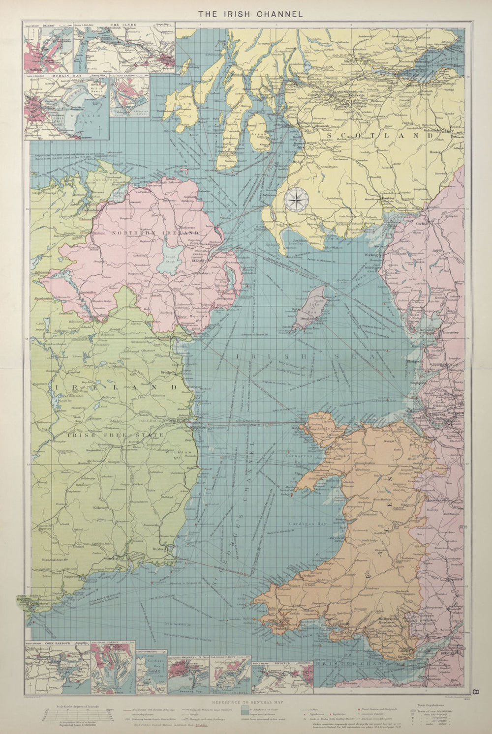 Irish Sea sea chart. Ports lighthouses mail routes dockyards. LARGE 1927 map