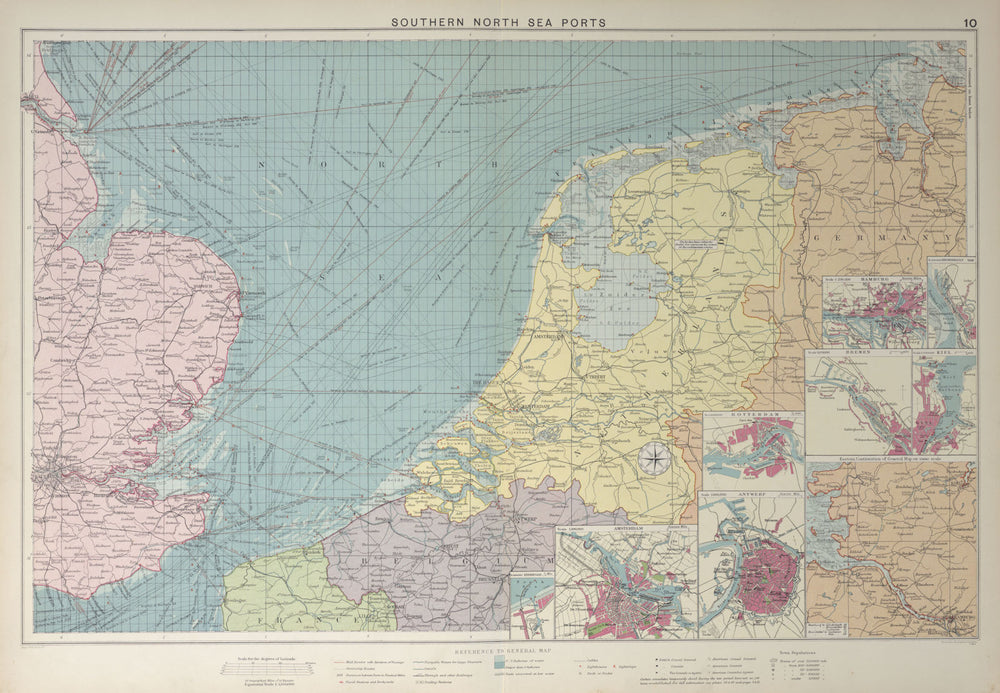 Southern North Sea ports chart. lighthouses mail routes. UK NL. LARGE 1927 map