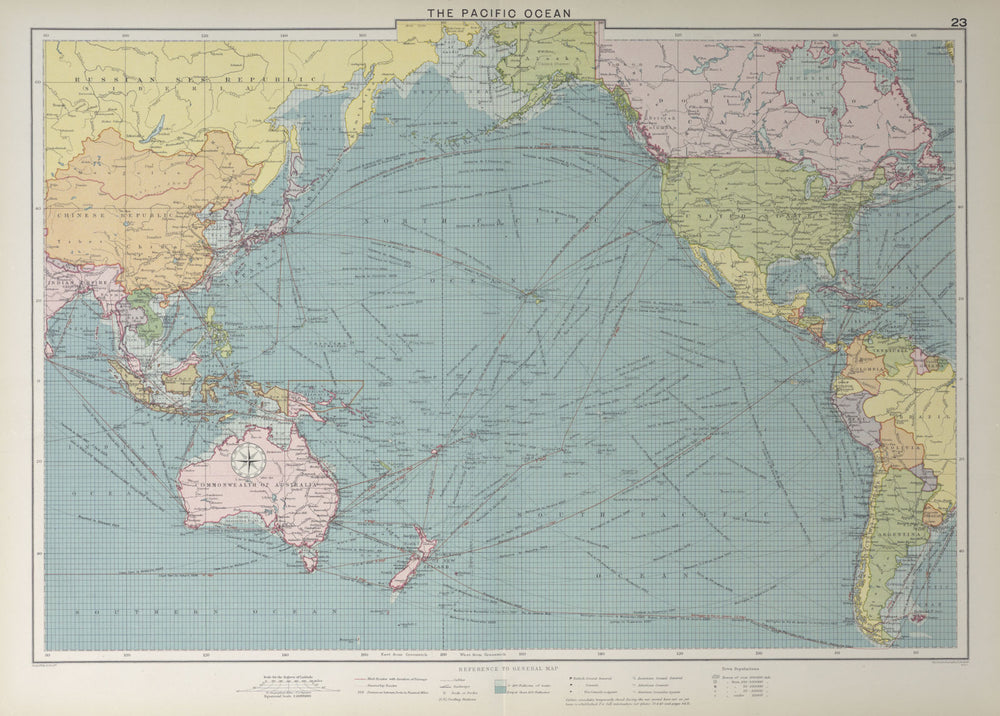 Pacific Ocean sea chart. Ports lighthouses mail routes dockyards LARGE 1927 map