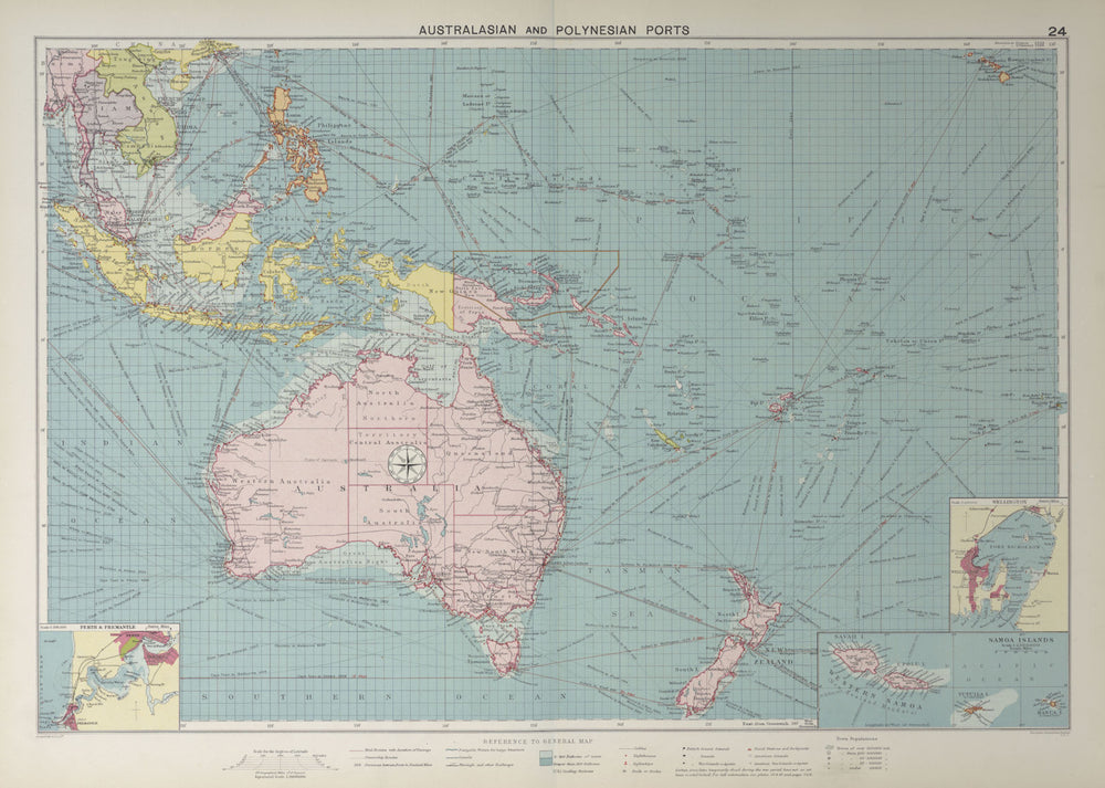 Australasian Polynesian Ports sea chart. lighthouses mail routes LARGE 1927 map