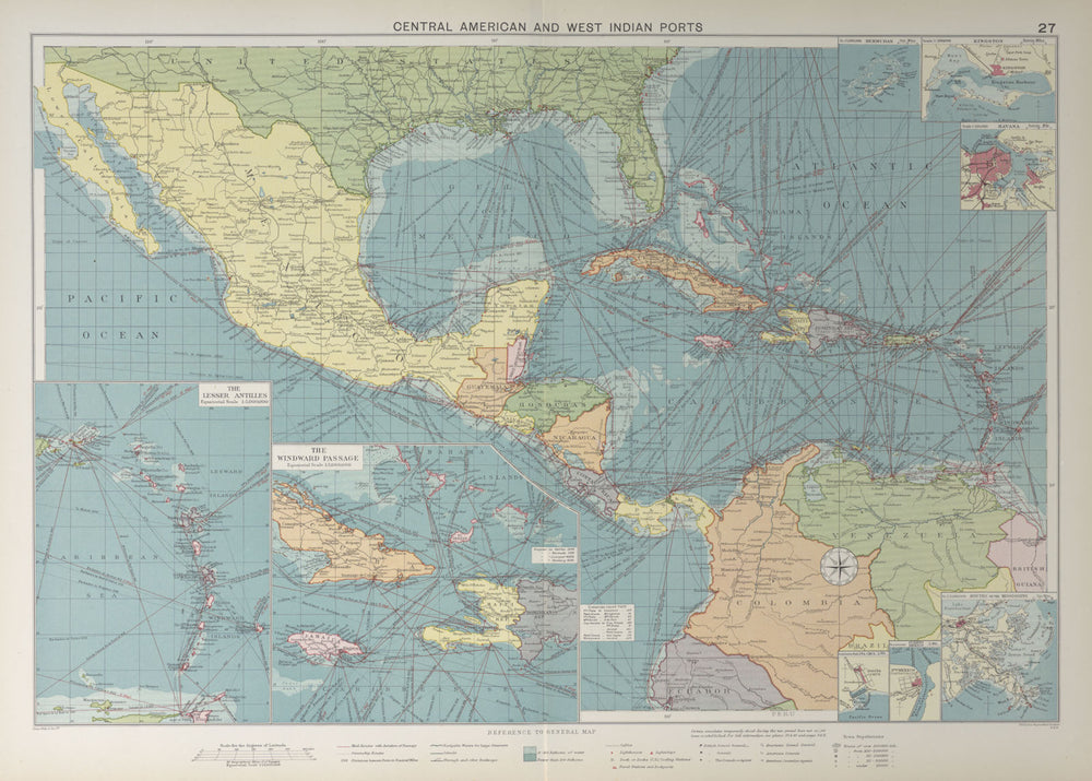 Central America Caribbean Gulf of Mexico chart Ports lighthouses LARGE 1927 map