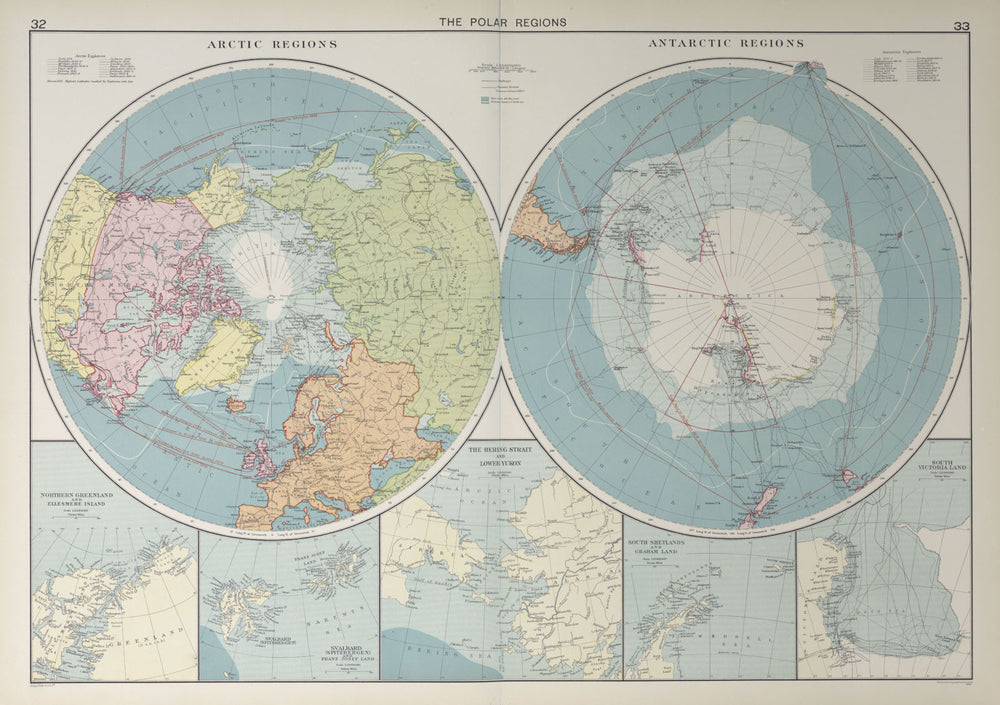 Polar Regions. Arctic/Antarctic sea chart. Steamer routes. LARGE 1927 old map