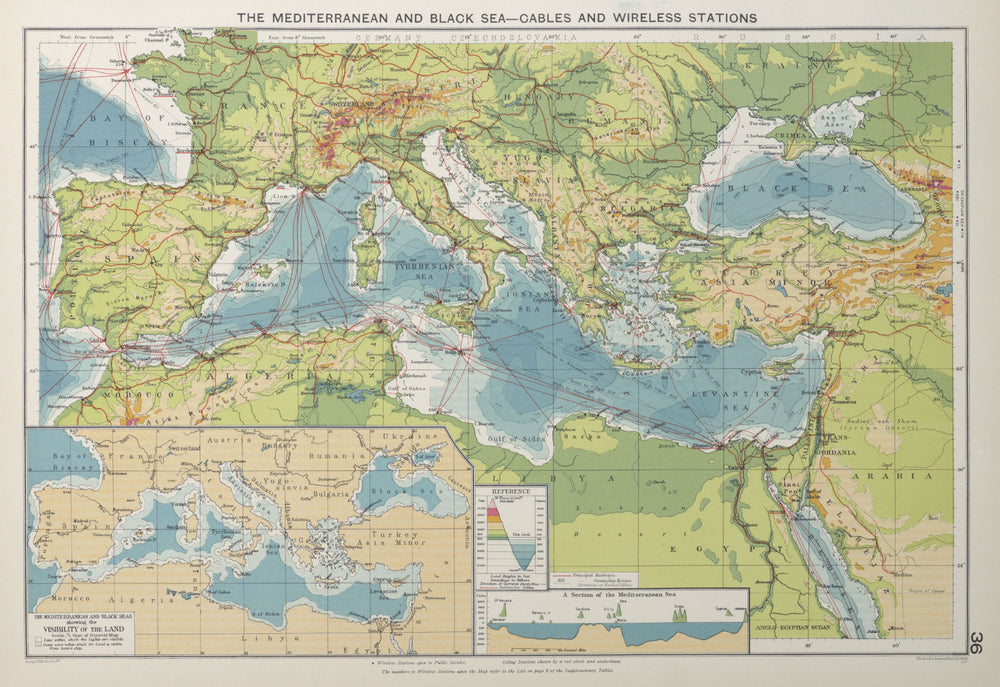Mediterranean & Black Seas. Cables. Land visibility. Shipping lines 1927 map