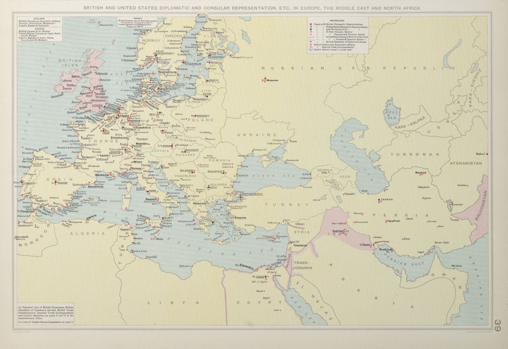 British & American Diplomatic Representation Europe Middle East Maghreb 1927 map