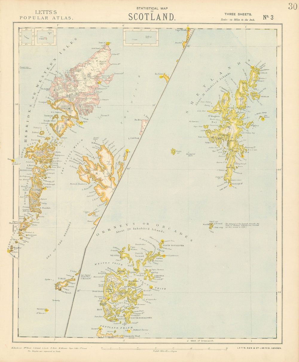 SCOTLAND ISLANDS. Western Isles. Orkneys, Shetlands & Hebrides. LETTS 1883 map