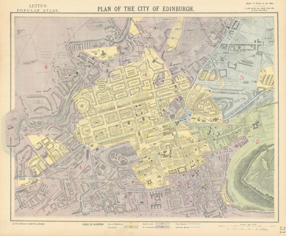 EDINBURGH antique town city map plan showing parishes. LETTS 1883 old