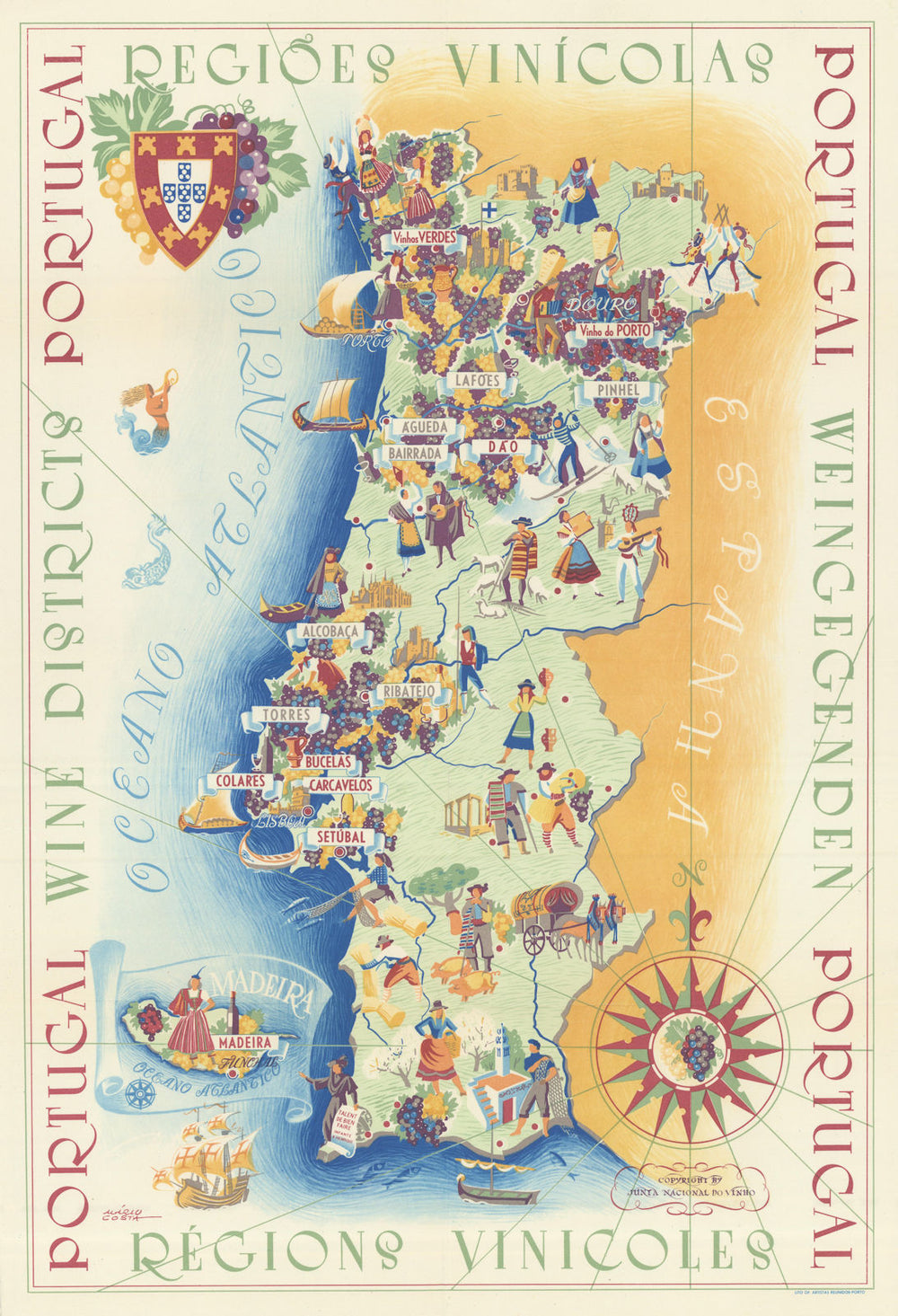 Portugal Wine Districts - Regiões Vinícolas by Mario Costa. 48x33cm 1959 map