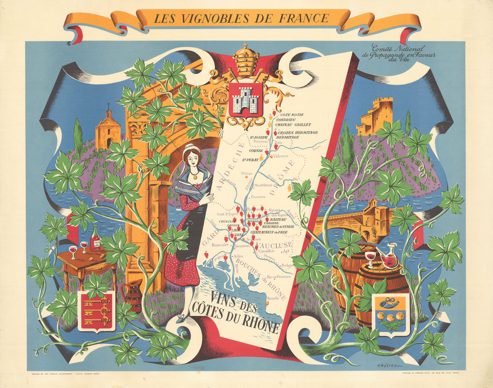 RHONE WINE MAP Vignobles de France. Vins des Côtes du Rhône. HETREAU 1954
