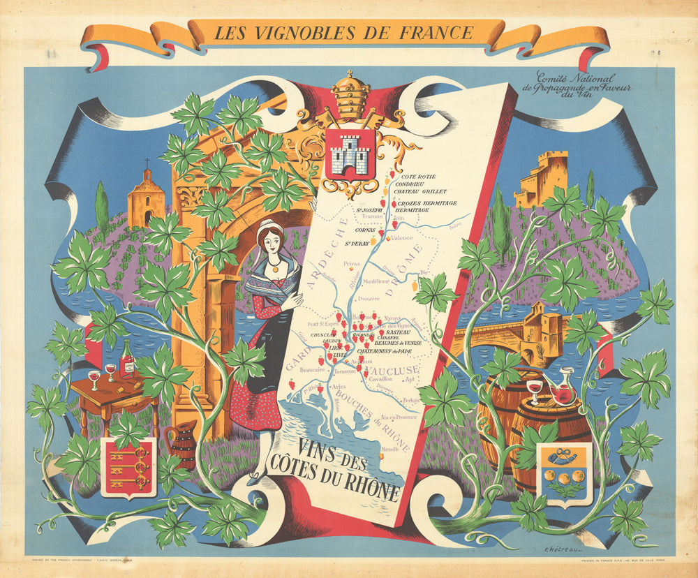 RHONE WINE MAP Vignobles de France. Vins des Côtes du Rhône. HETREAU 1954