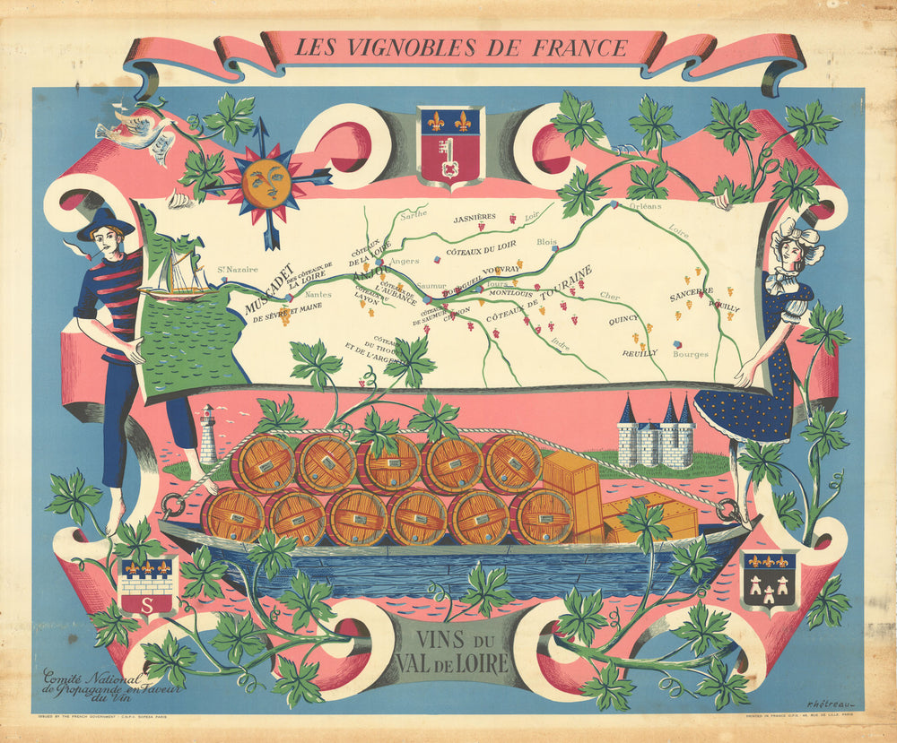 LOIRE WINE MAP Vignobles de France. Vins du Val de Loire. Rémy HETREAU 1954