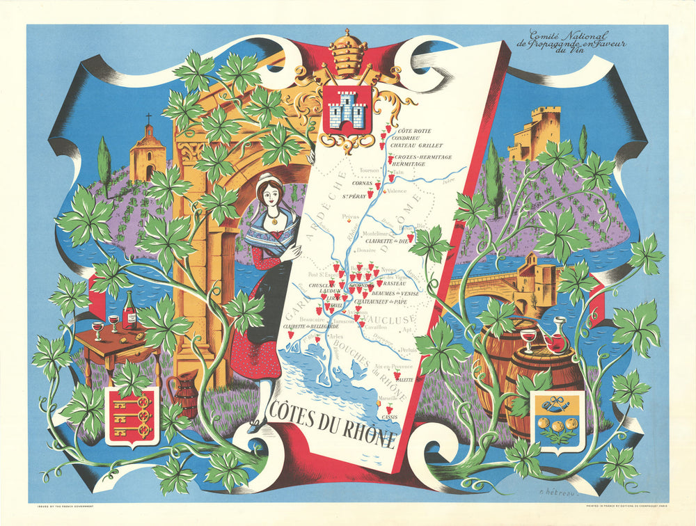 RHONE WINE MAP Vignobles de France. Vins des Côtes du Rhône. HETREAU 1954