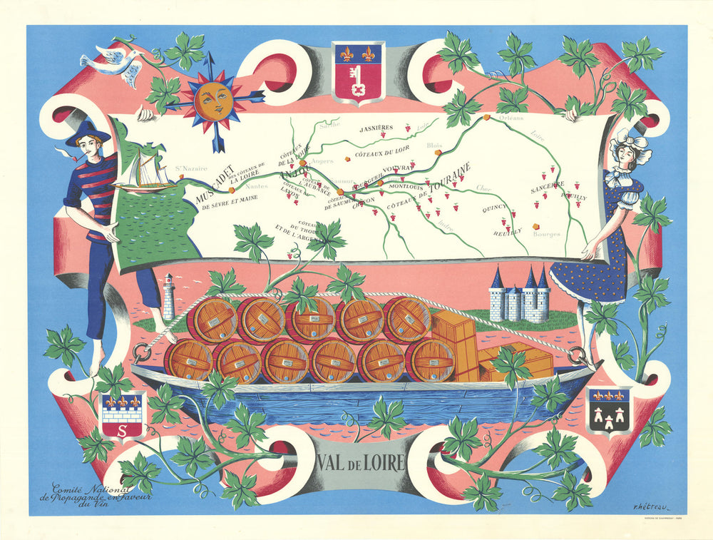 LOIRE WINE MAP Vignobles de France. Vins du Val de Loire. Rémy HETREAU 1954