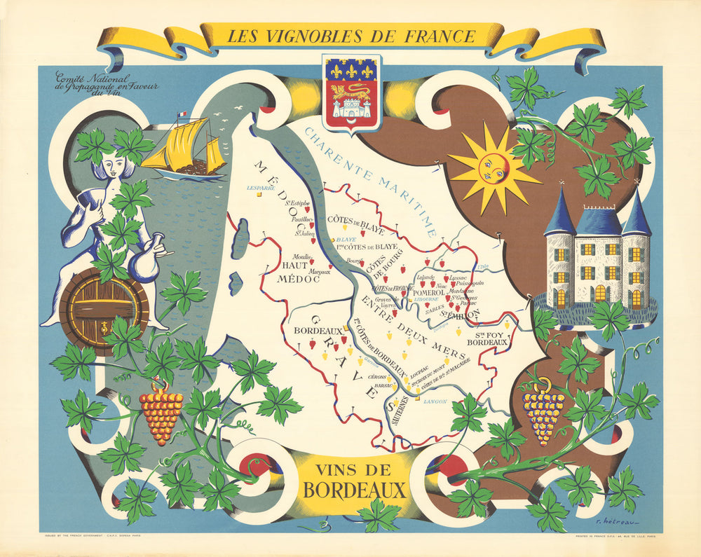 BORDEAUX WINE MAP Vignobles de France. Vins de Bordeaux. Rémy HETREAU 1954