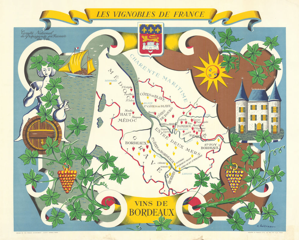 BORDEAUX WINE MAP Vignobles de France. Vins de Bordeaux. Rémy HETREAU 1954