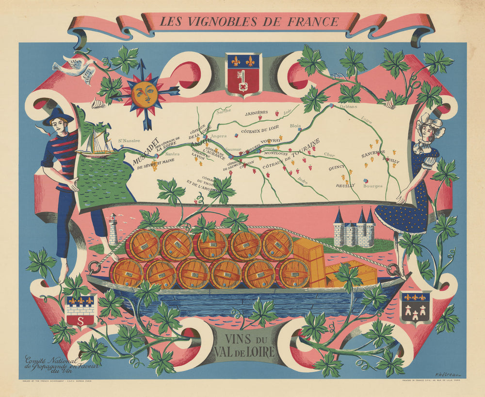 LOIRE WINE MAP Vignobles de France. Vins du Val de Loire. Rémy HETREAU 1954