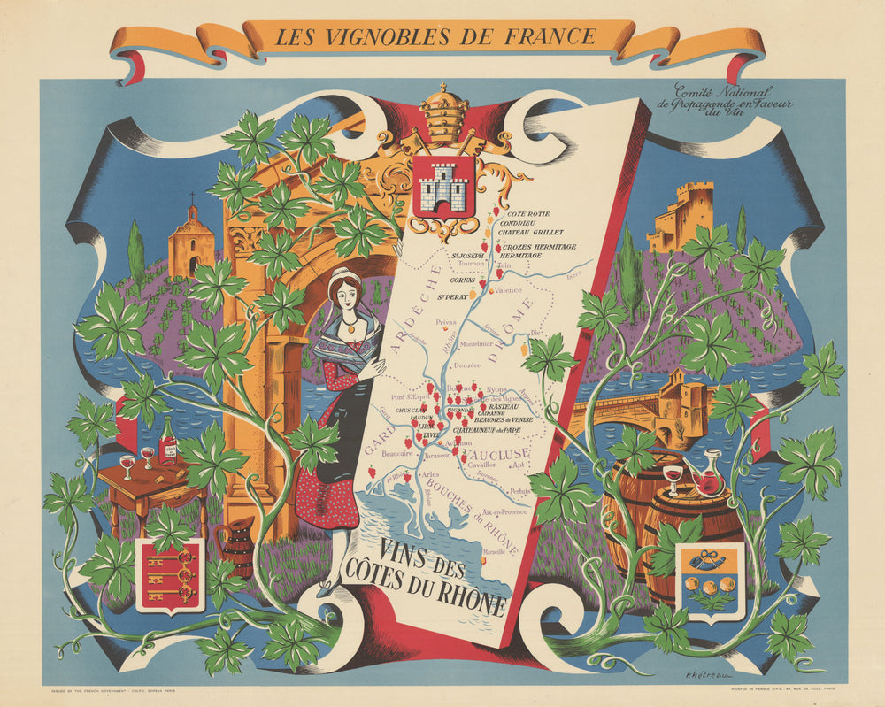 RHONE WINE MAP Vignobles de France. Vins des Côtes du Rhône. Rémy HETREAU 1954