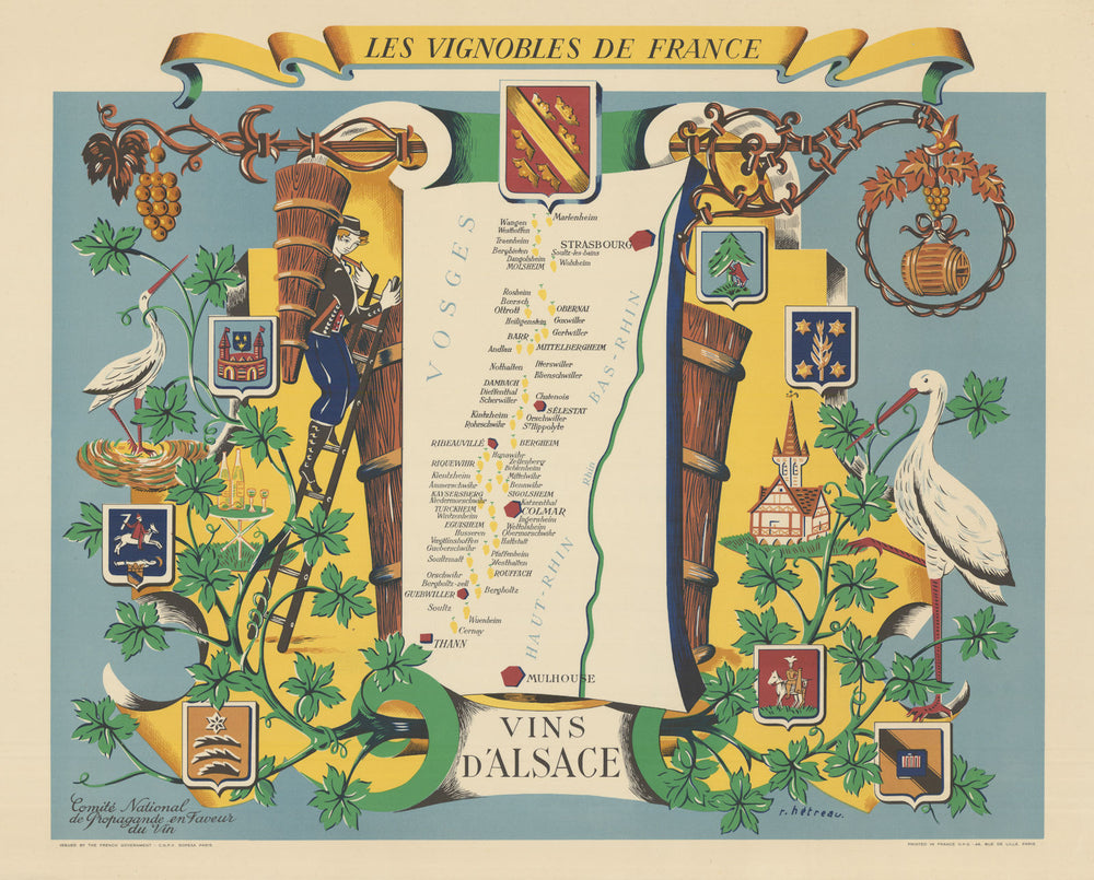 ALSACE WINE MAP Vignobles de France. Vins d'Alsace. Rémy Hétreau HETREAU 1954