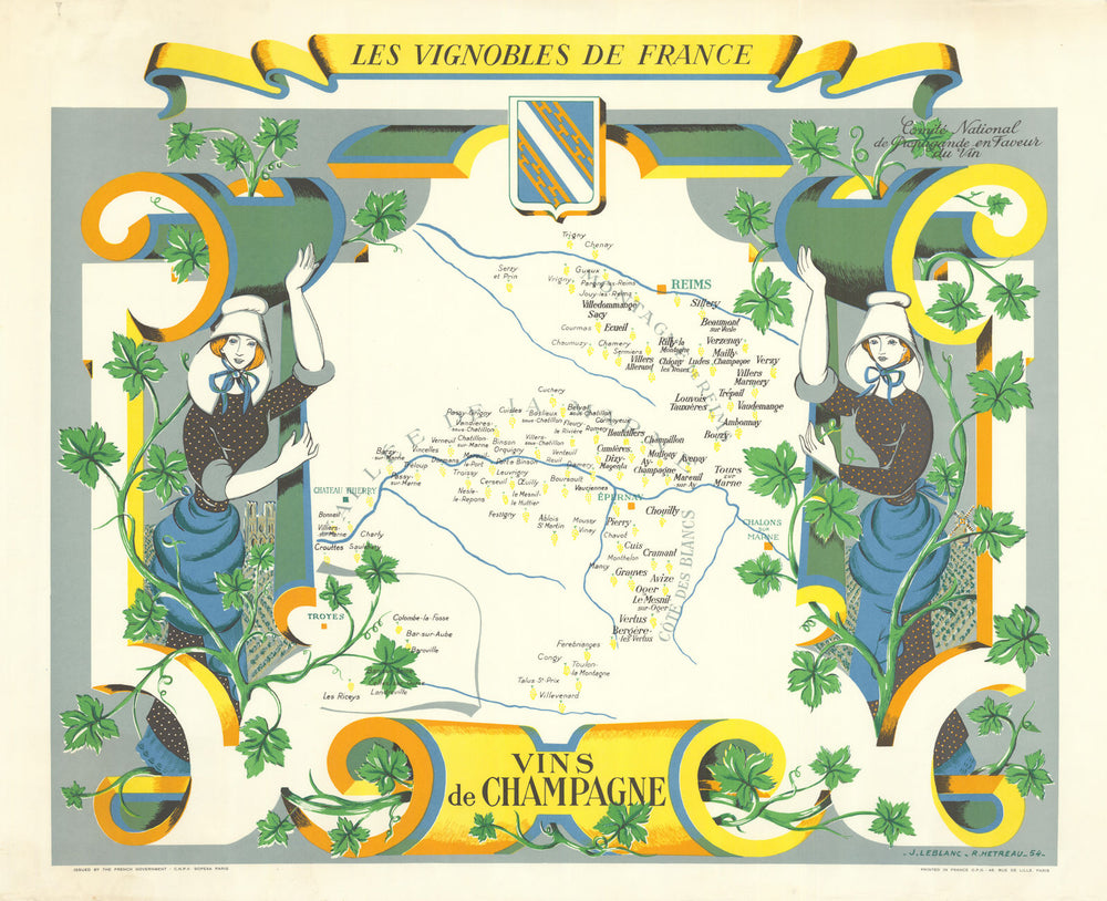 Vins de CHAMPAGNE WINE MAP Vignobles de France. Rémy HETREAU / LEBLANC 1954