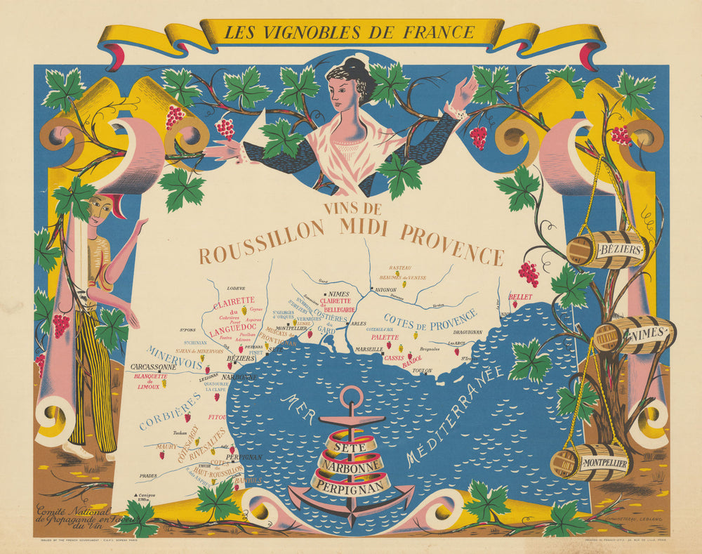 Vins du ROUSSILLON MIDI PROVENCE WINE MAP Vignobles de France. Rémy HETREAU 1954