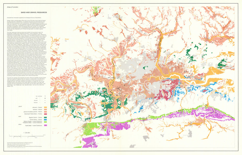 London - Sand and gravel resources 1968 old vintage map plan chart