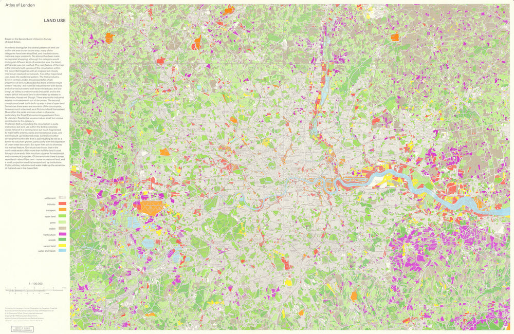 London - Land use. Industry Transport Horticulture Arable Woods 1968 old map