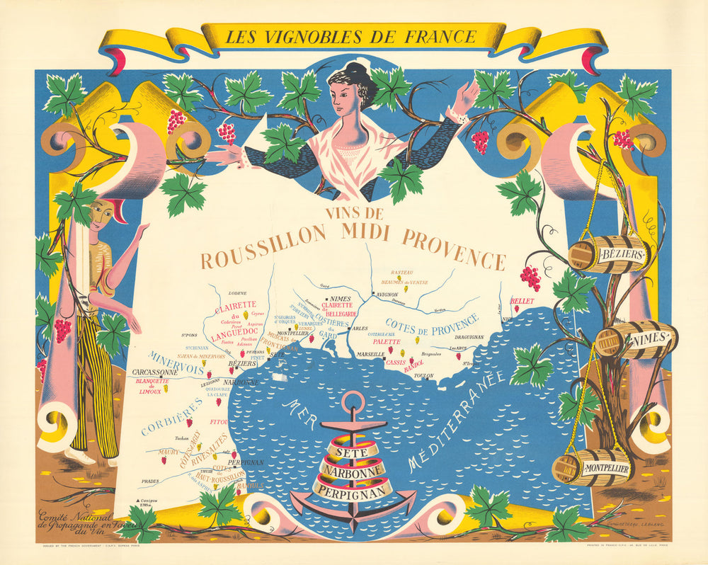 Vins du ROUSSILLON MIDI PROVENCE WINE MAP Vignobles de France. Rémy HETREAU 1954