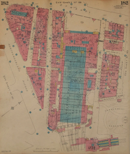 GOAD MAP.WC2.Charing Cross Stn Northumberland Ave St Villiers Craven Strand 1946