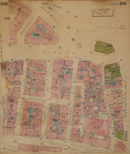 GOAD MAP.WC2.Aldwych Strand Arundel St Temple Pl Surrey Essex Milford Ln 1923
