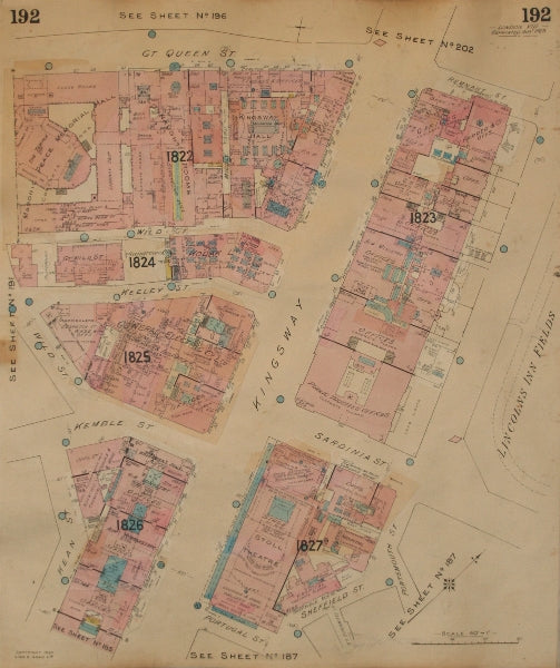 GOAD MAP.WC2.Kingsway Gt Queen St Lincoln's Inn Fields Portugal Keeley Kean 1923