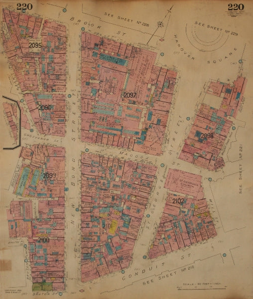 GOAD MAP.Mayfair.New Bond St Hanover Sq St George Maddox Brook Conduit St 1934
