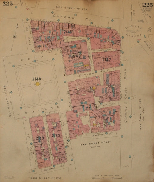 GOAD MAP.W1.Soho Sq Oxford Street Charing Cross Rd Frith Greek Sutton Row 1944
